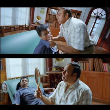 Nanban meme template with Virumandi Santhanam (Virus) (Sathyaraj) with Govindan (Indrans)