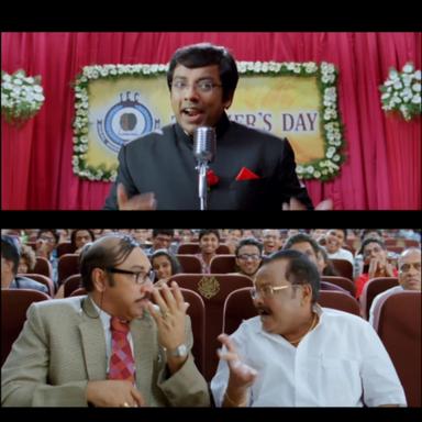 Nanban meme template with Virumandi Santhanam (Virus) (Sathyaraj) with Srivatsan (Silencer) (Sathyan Sivakumar)