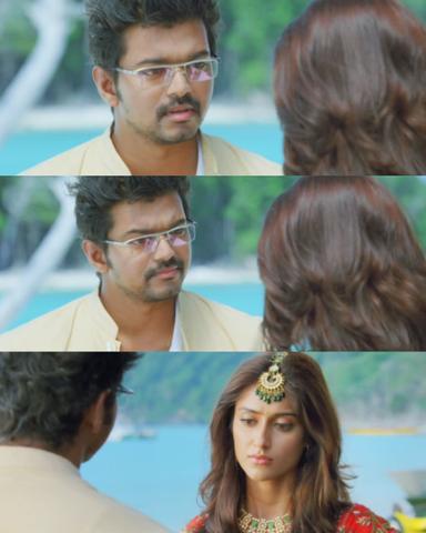 Nanban meme template with Panchavan "Pari" Pariventhan/Kosaksi "Pappu" Pasapugazh (Vijay) with Ria Santhanam (Ileana D'Cruz)