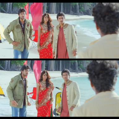 Nanban meme template with Panchavan "Pari" Pariventhan/Kosaksi "Pappu" Pasapugazh (Vijay) with Sevarkodi Senthil (Jiiva) with Venkat Ramakrishnan (Srikanth) with Ria Santhanam (Ileana D'Cruz)