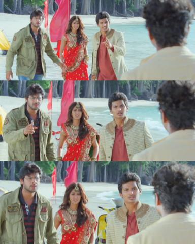 Nanban meme template with Sevarkodi Senthil (Jiiva) with Panchavan "Pari" Pariventhan/Kosaksi "Pappu" Pasapugazh (Vijay) with Venkat Ramakrishnan (Srikanth) with Ria Santhanam (Ileana D'Cruz)