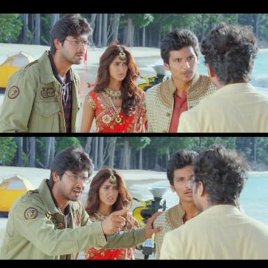 Nanban meme template with Panchavan "Pari" Pariventhan/Kosaksi "Pappu" Pasapugazh (Vijay) with Sevarkodi Senthil (Jiiva) with Venkat Ramakrishnan (Srikanth) with Ria Santhanam (Ileana D'Cruz)