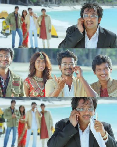 Nanban meme template with Panchavan "Pari" Pariventhan/Kosaksi "Pappu" Pasapugazh (Vijay) with Sevarkodi Senthil (Jiiva) with Venkat Ramakrishnan (Srikanth) with Ria Santhanam (Ileana D'Cruz) with Srivatsan (Silencer) (Sathyan Sivakumar)