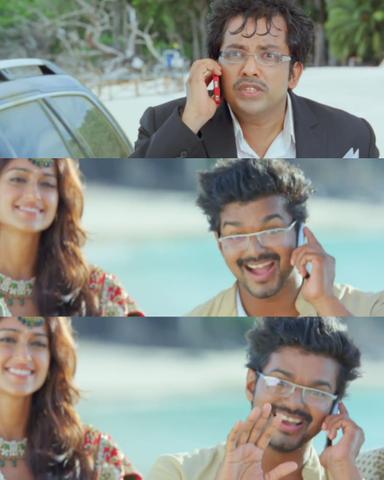 Nanban meme template with Panchavan "Pari" Pariventhan/Kosaksi "Pappu" Pasapugazh (Vijay) with Ria Santhanam (Ileana D'Cruz) with Srivatsan (Silencer) (Sathyan Sivakumar)