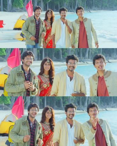 Nanban meme template with Panchavan "Pari" Pariventhan/Kosaksi "Pappu" Pasapugazh (Vijay) with Sevarkodi Senthil (Jiiva) with Venkat Ramakrishnan (Srikanth) with Ria Santhanam (Ileana D'Cruz)