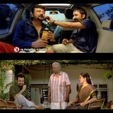 Panchatanthiram meme template with Iyappan Nair (Jayaram) with Ganesh (Ramesh Aravind) with Vedhantham or Vedham (Yugi Sethu)