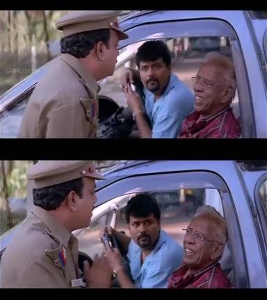 Panchatanthiram meme template with Ramachandramurthy (Kamal Haasan) with Hanumanth Reddy (Sriman) with Parthasarathy (Nagesh) with Traffic Cop (Vasu Vikram)