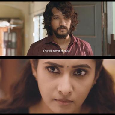 Pathu Thala meme template with Shaktivel (Gautham Karthik) with Leela Thompson (Priya Bhavani Shankar)