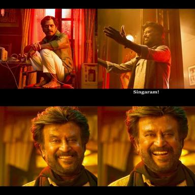 Petta meme template with Petta 'Kaali' Velan (Rajinikanth) with Singaar 'Singaaram' Singh (Nawazuddin Siddiqui)