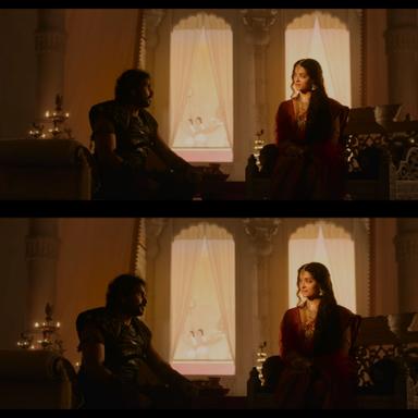 Ponniyin Selvan: Part I meme template with Nandini / Oomai Rani (Aishwarya Rai Bachchan) with Vanthiyathevan (Karthi)