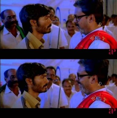 Pudhupettai meme template with Thamizhselvan (N. Azhagamperumal) with 'Kokki' Kumar (Dhanush)