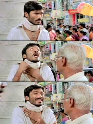 Pudhupettai meme template with Thamizhselvan (N. Azhagamperumal) with 'Kokki' Kumar (Dhanush)