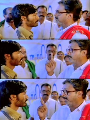 Pudhupettai meme template with Thamizhselvan (N. Azhagamperumal) with 'Kokki' Kumar (Dhanush)