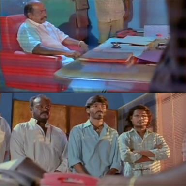 Pudhupettai meme template with Thamizhselvan (N. Azhagamperumal) with 'Kokki' Kumar (Dhanush)