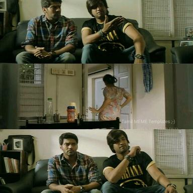 Raja Rani meme template with John (Arya) with Keerthana (Nazriya Nazim Fahadh) with Sarathy (Santhanam)