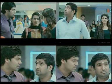 Raja Rani meme template with John (Arya) with Regina (Nayanthara) with Sarathy (Santhanam) with Madhu (Misha Ghoshal)