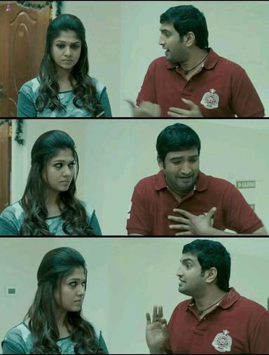 Raja Rani meme template with John (Arya) with Regina (Nayanthara) with Sarathy (Santhanam)