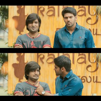 Raja Rani meme template with John (Arya) with Sarathy (Santhanam)