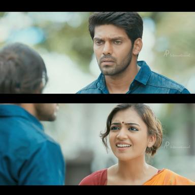 Raja Rani meme template with John (Arya) with Keerthana (Nazriya Nazim Fahadh) with Sarathy (Santhanam)