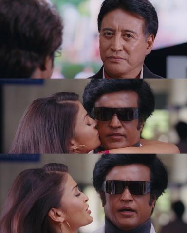 Enthiran meme template with Dr. Vaseegaran / Chitti (Rajinikanth) with Dr. Bohra (Danny Denzongpa) with Sana (Aishwarya Rai Bachchan)