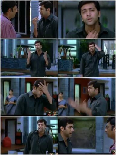 Santosh Subramaniam meme template with Santosh (Jayam Ravi) with Subramaniam (Prakash Raj)