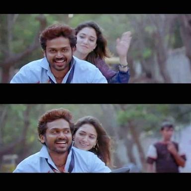 Siruthai meme template with Ratnavel Pandian IPS / Rocket Raja (Karthi) with Swetha (Tamannaah Bhatia)