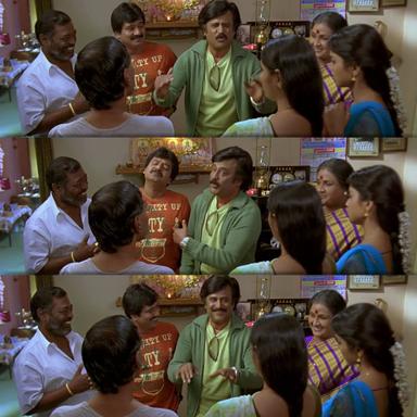 Sivaji: The Boss meme template with Sivaji Arumugam (Rajinikanth) with Arivu (Vivek)