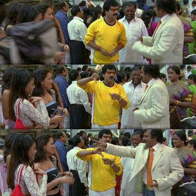 Sivaji: The Boss meme template with Sivaji Arumugam (Rajinikanth) with Arivu (Vivek)