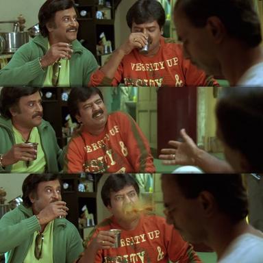 Sivaji: The Boss meme template with Sivaji Arumugam (Rajinikanth) with Arivu (Vivek)