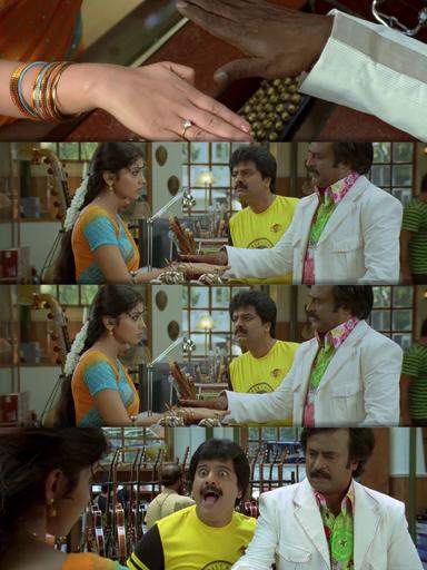 Sivaji: The Boss meme template with Sivaji Arumugam (Rajinikanth) with Arivu (Vivek)