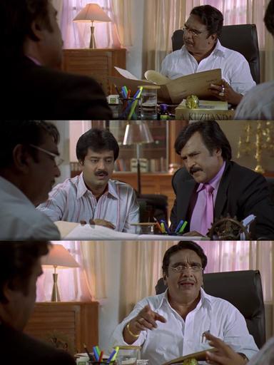 Sivaji: The Boss meme template with Sivaji Arumugam (Rajinikanth) with Arivu (Vivek)