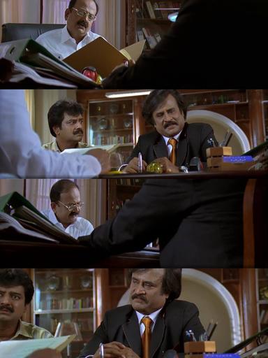 Sivaji: The Boss meme template with Sivaji Arumugam (Rajinikanth) with Arivu (Vivek)