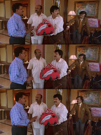 Sivaji: The Boss meme template with Sivaji Arumugam (Rajinikanth) with Arivu (Vivek)