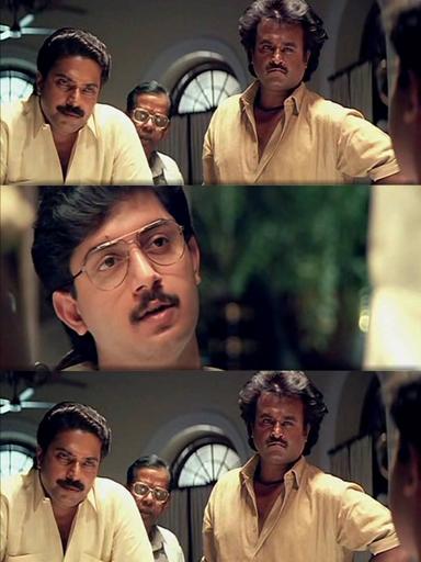 Thalapathi meme template with Surya (Rajinikanth) with Arjun (Arvind Swamy) with Devaraj 'Deva' (Mammootty)