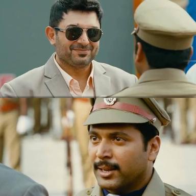 Thani Oruvan meme template with Mithran IPS (Jayam Ravi) with Dr. Siddharth Abhimanyu (Arvind Swamy)