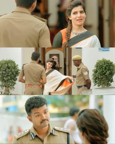 Theri meme template with Joseph Kuruvilla/Vijay Kumar/ Dharmeshwar (Vijay) with Mithra (Samantha Ruth Prabhu) with Rajendar (Rajendran)