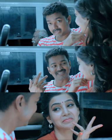 Theri meme template with Joseph Kuruvilla/Vijay Kumar/ Dharmeshwar (Vijay) with Mithra (Samantha Ruth Prabhu)