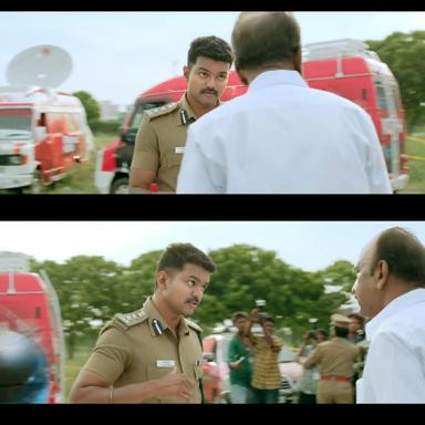 Theri meme template with Joseph Kuruvilla/Vijay Kumar/ Dharmeshwar (Vijay) with Minister Vanamamalai (J. Mahendran)