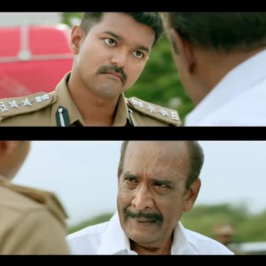 Theri meme template with Joseph Kuruvilla/Vijay Kumar/ Dharmeshwar (Vijay) with Minister Vanamamalai (J. Mahendran)