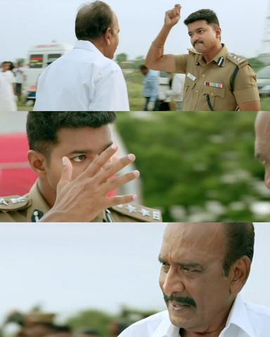 Theri meme template with Joseph Kuruvilla/Vijay Kumar/ Dharmeshwar (Vijay) with Minister Vanamamalai (J. Mahendran)