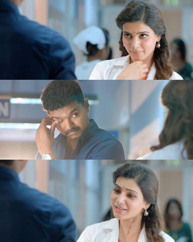 Theri meme template with Joseph Kuruvilla/Vijay Kumar/ Dharmeshwar (Vijay) with Mithra (Samantha Ruth Prabhu)