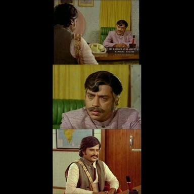 Thillu Mullu meme template with Chandran / Indiran (Rajinikanth) with Sri Ramachandramurthy (Thengai Srinivasan)