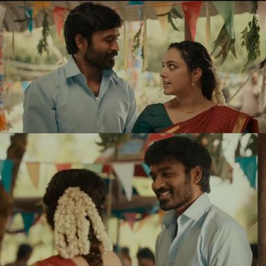 Thiruchitrambalam meme template with Thiruchitrambalam (Dhanush) with Shobana (Nithya Menen)