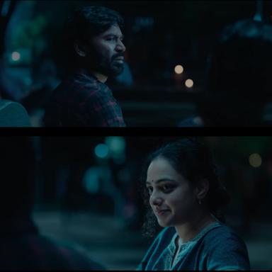 Thiruchitrambalam meme template with Thiruchitrambalam (Dhanush) with Shobana (Nithya Menen)