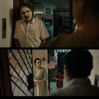 Thiruchitrambalam meme template with Shobana (Nithya Menen) with Thiruchitrambalam Sr. (Bharathiraja)