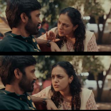 Thiruchitrambalam meme template with Thiruchitrambalam (Dhanush) with Shobana (Nithya Menen)