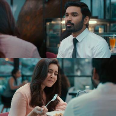 Thiruchitrambalam meme template with Thiruchitrambalam (Dhanush) with Anusha (Raashii Khanna)