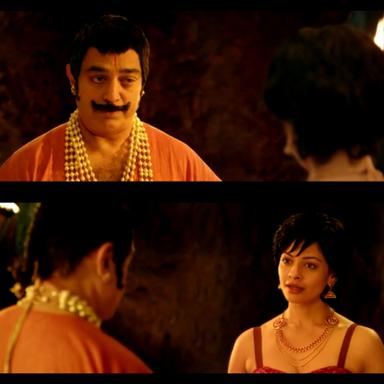 Uttama Villain meme template with Uttaman/Manoranjan (Kamal Haasan) with Karpagavalli (Pooja Kumar)