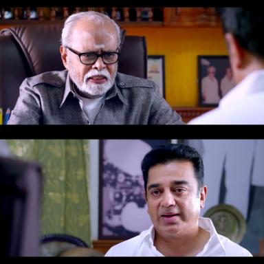 Uttama Villain meme template with Margadarsi (K. Balachander) with Uttaman/Manoranjan (Kamal Haasan)