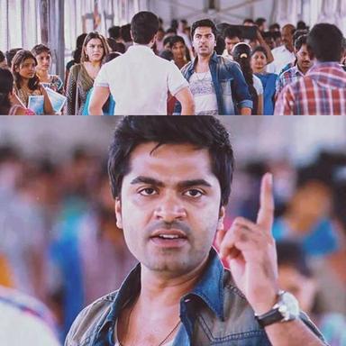 Vaalu meme template with Sharp (Silambarasan) with Sharp's mother (Sriranjini) with Tyre (Santhanam)